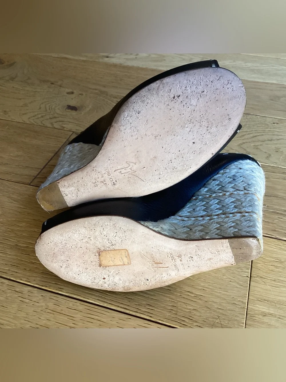 Giuseppe Zanotti black, leather espadrille wedge peep toe mules